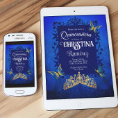 スクリプエレガントト、ブルー王室のキンセアニェラ、金ゴールドティアラ 招待状