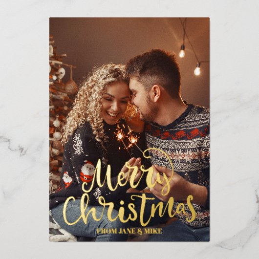 スクリプエレガントト・メリークリスマス・ゴールデンフォイル写真 箔シーズンカード (正面)