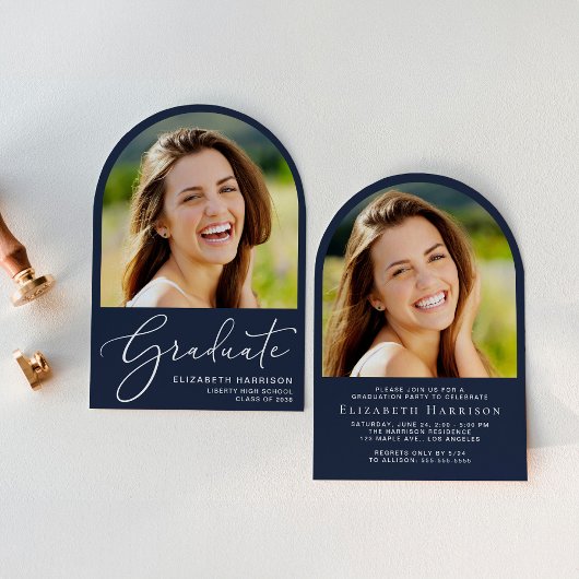 スクリプエレガントトArchフォトブルー卒業パーティー 招待状