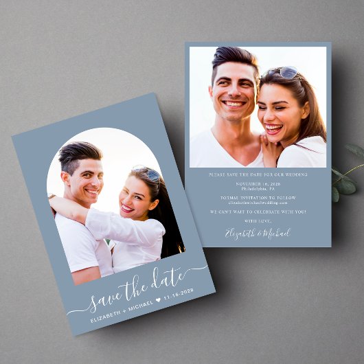 スクリプエレガントトArch Photo Dusty Blue 結婚's セーブザデート