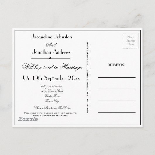 スクリプエレガントトB & Wウェディング日付の保存 インビテーションポストカード (裏面)