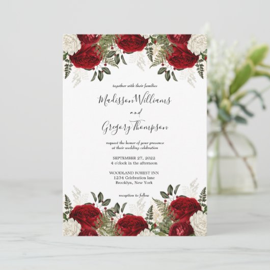 スクリプエレガントトBurgundy Red Roseヴィンテージ結婚式 招待状 (スタンド正面)