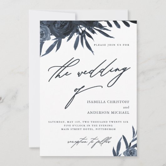 スクリプエレガントトDark Blueフローラ結婚の 招待状 (正面)