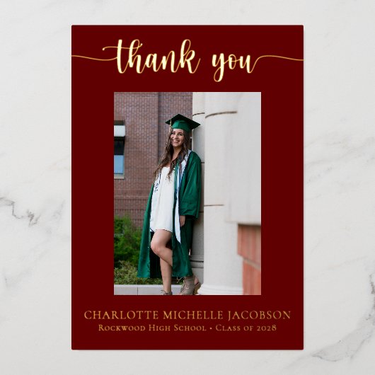 スクリプエレガントトMaroon金ゴールド写真卒業 箔招待状 (正面)