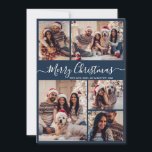 スクリプエレガントトNavy 5フォトコラージクリスマス シーズンカード<br><div class="desc">シンプル書道モダン海軍5写真コラージメリークリスマスのスクリプト休日カード。このフェスティバルお洒落は、ミニマリストの5つ(5)の写真の休日グリーティングカードテンプレートは、美しいグリッド写真のコラージュを特徴とし、「メリークリスマス」と言う！「メリークリスマス」の挨拶文字は書、ほこりっぽいネイビーブルーの背景に渦巻形のは、美しい手書きフォントタイポグラフィや書道の台本が付いている。白と1つの水平写真テンプレートに小さなハートドードルを持つ挨拶メッセージテンプレートの反対側で。このかわいらしパーソナライズされた写真のカスタムクリスマスカー素晴らしドは、この冬の休暇の季節に彼ら考えのあなたはの愛する人を思い出させる方法である。</div>