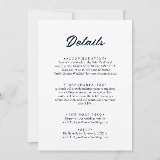 スクリプエレガントトNavy BlueとWhiteモダンの結婚値 招待状 (裏面)