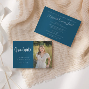 スクリプエレガントトNavy Blueホワイト写真卒業 招待状