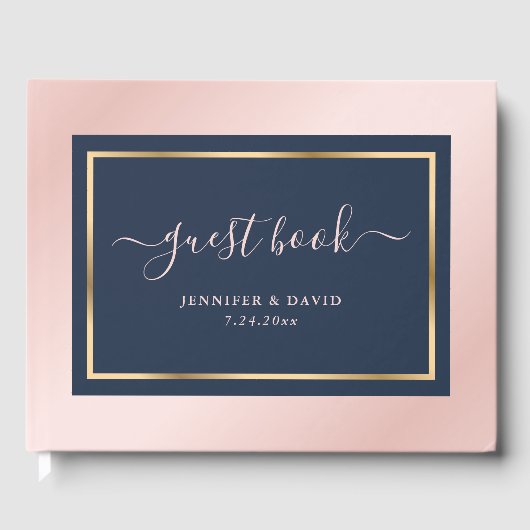 スクリプエレガントトNavy Blue赤面と金ゴールド結婚 ゲストブック (正面)