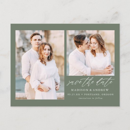 スクリプエレガントトSage Green 2写真Save the Date 案内ポストカード (正面)