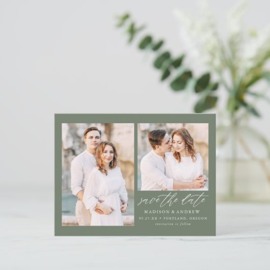 スクリプエレガントトSage Green 2写真Save the Date 案内ポストカード (スタンド正面)