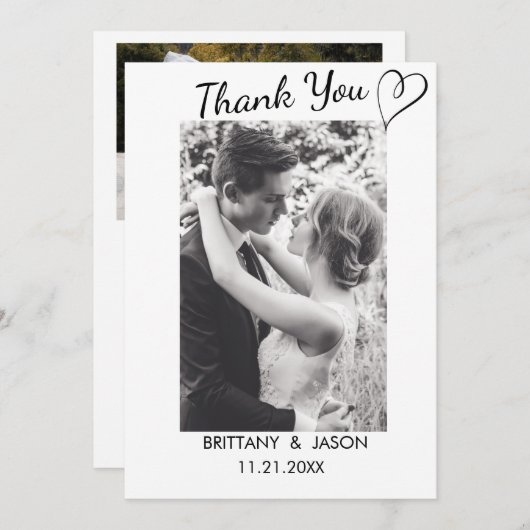 スクリプカジュアルトとハートの結婚写真ありがとう 招待状 (正面/裏面)