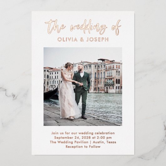 スクリプカジュアルトと写真 | 結婚バラ金ゴールド 箔招待状 (正面)