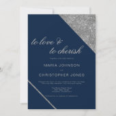 スクリプクラシックト銀グリッターネイビー結婚ブルー 招待状 (正面)