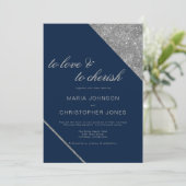 スクリプクラシックト銀グリッターネイビー結婚ブルー 招待状 (スタンド正面)
