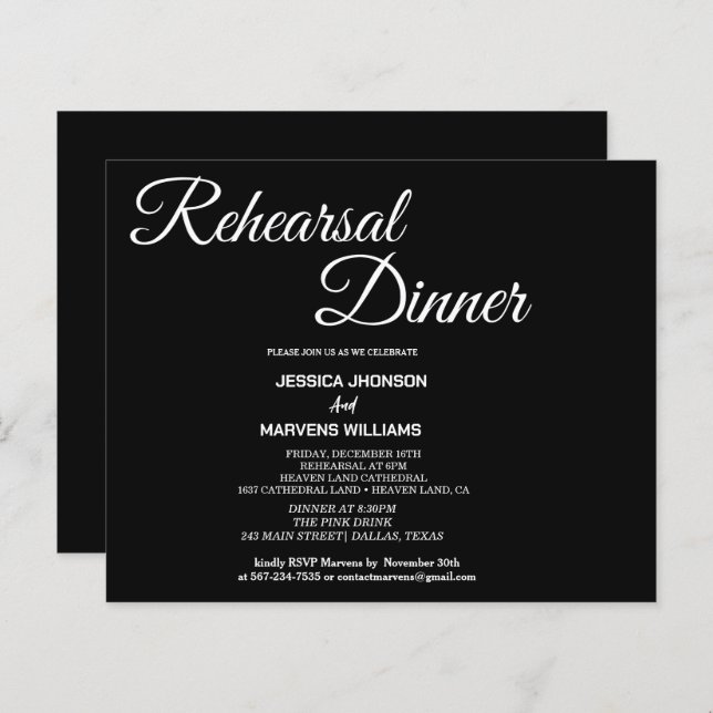 スクリプシンプルトの黒いリハーサルのディナーの招待 (正面/裏面)
