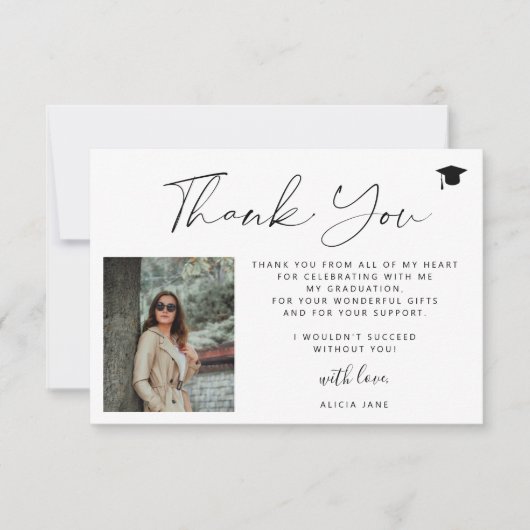 スクリプシンプルトエレガント2枚の写真の卒業 サンキューカード (正面)