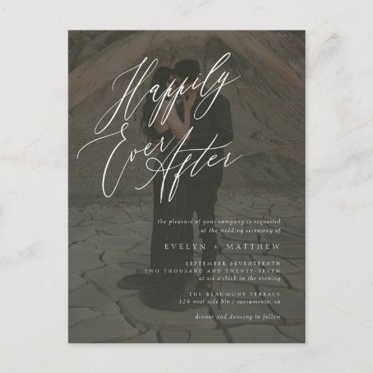 スクリプシンプルト写真の後ずっと幸せにB&W結婚 インビテーションポストカード (正面)