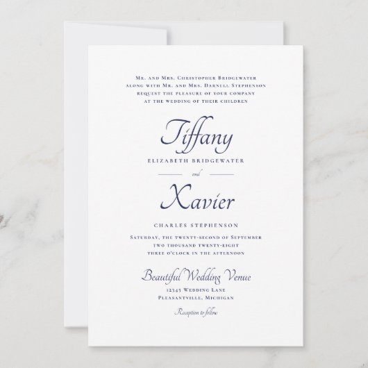 スクリプスタイリッシュトフォーマルネイビー結婚ブルー 招待状 (正面)