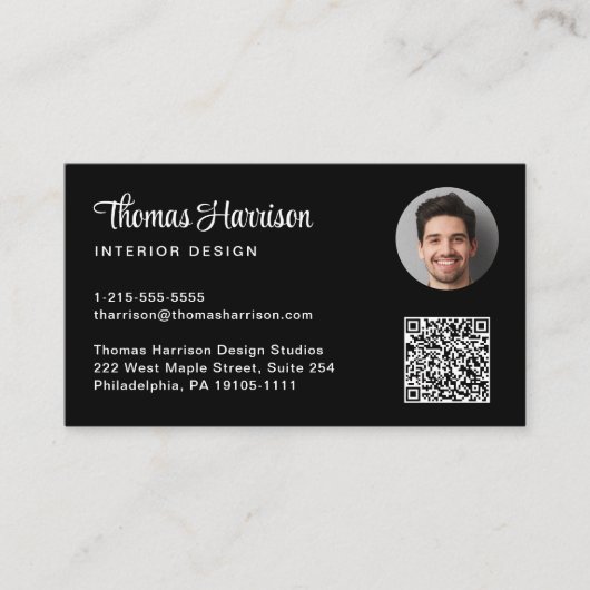 スクリプスタイリッシュトプロフェッショナルQRコードフォトブラック 名刺 (正面)