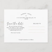 スクリプスタイリッシュト写真コラージュ結婚式の日付を保存 案内ポストカード (裏面)