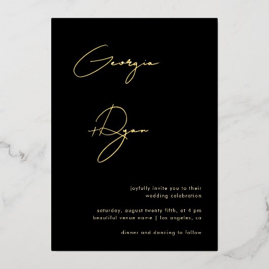 スクリプスタイリッシュト名ミニマル黒結婚の 箔招待状 (正面)
