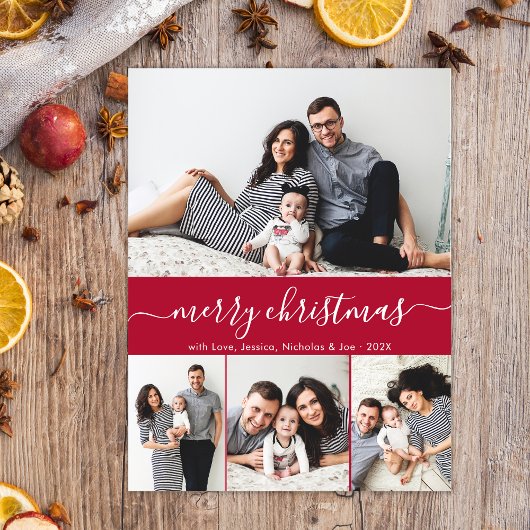 スクリプスタイリッシュト家族写真コラージュ赤クリスマス ポストカード
