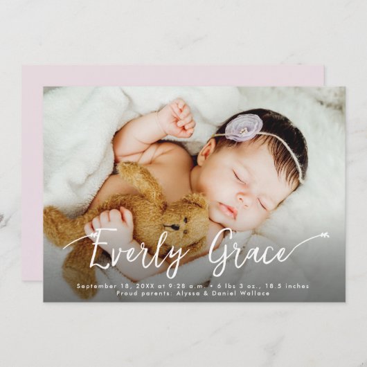 スクリプスタイリッシュト赤ちゃん女の子の名前フォトピンク誕生 案内状 (正面/裏面)