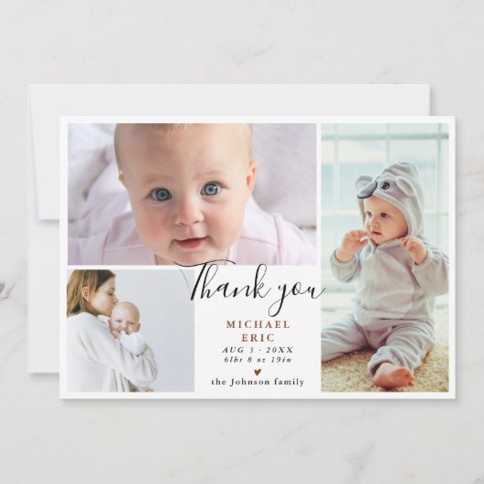 スクリプスタイリッシュト3フォトコラージュ赤ちゃんシャワー サンキューカード (正面)