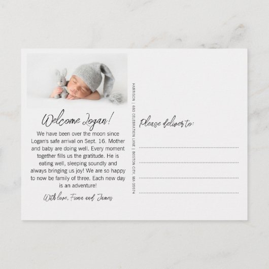 スクリプトありがとうお2枚の写真の誕生発表 ポストカード (裏面)