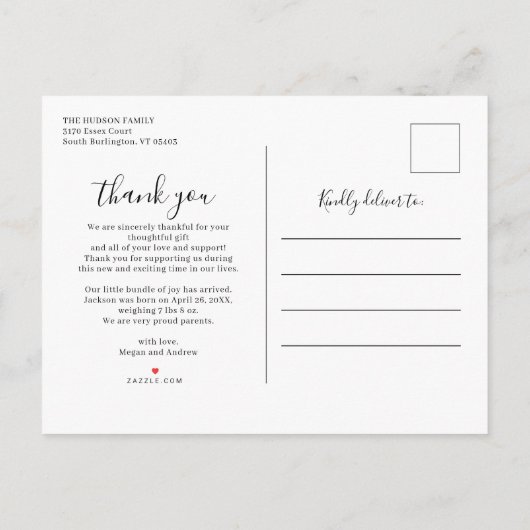 スクリプトありがとうございますフォトオーバーレイベビー誕生発表 案内ポストカード (裏面)