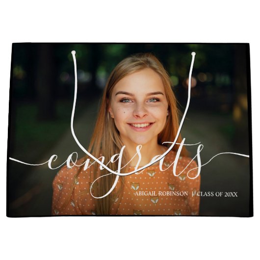 スクリプトおめでとうズ卒業写真カスタム ラージペーパーバッグ (正面)