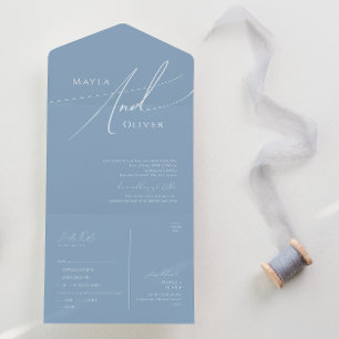 スクリプトお洒落 ほこりっぽい青カジュアル印と送信 オールインワン招待状