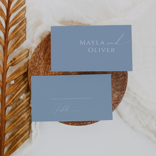 スクリプトお洒落 |埃っぽいブルー結婚フラット プレイスカード