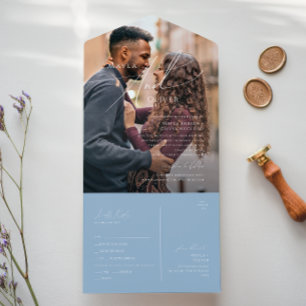 スクリプトお洒落  埃っぽい青い写真シールと送信 オールインワン招待状