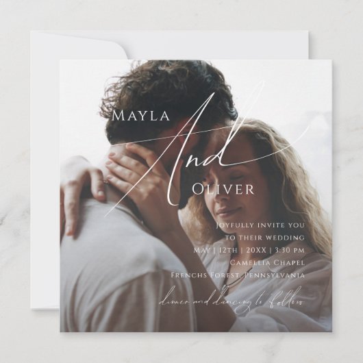 スクリプトお洒落 |黒い四角い写真結婚の 招待状 (正面)