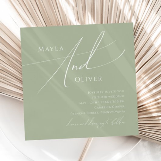 スクリプトお洒落 | Sage Green 結婚 Square 招待状