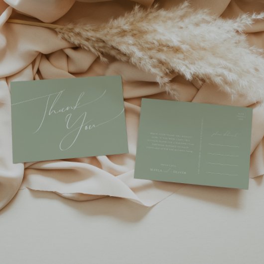 スクリプトお洒落 | Sage Green 結婚's Thank You ポストカード