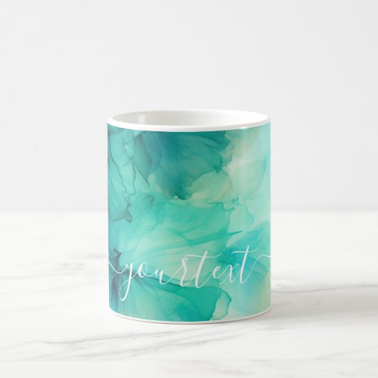 スクリプトかわいらし文字テンプレートティール(緑がかった色)グリーンウォーター色 コーヒーマグカップ (中央)