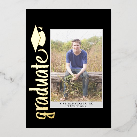 スクリプトとキャッモダンプ付きの卒業写真 箔招待状 (正面)