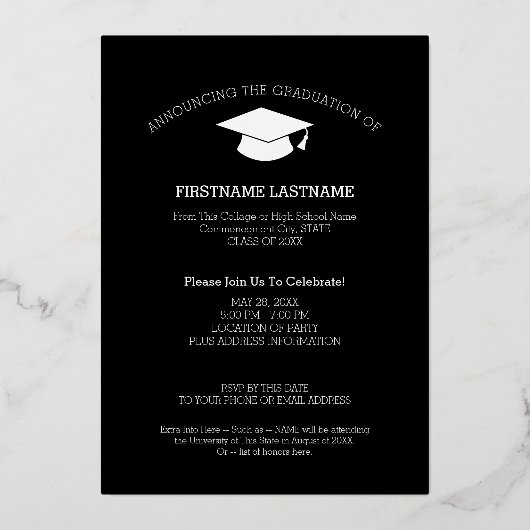 スクリプトとキャッモダンプ付きの卒業写真 箔招待状 (裏面)