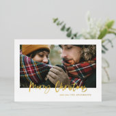 スクリプトのクリスマスツリーのマスタード色のタータン写真 箔シーズンカード (立ち正面)