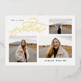 スクリプトのシンプル卒業3フォトコラージュパーティー 箔招待状