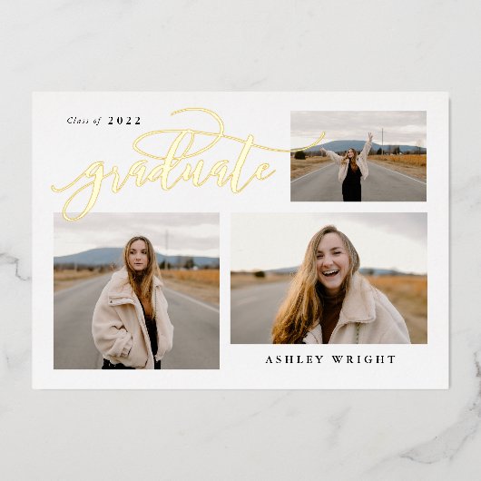 スクリプトのシンプル卒業3フォトコラージュパーティー 箔招待状 (正面)