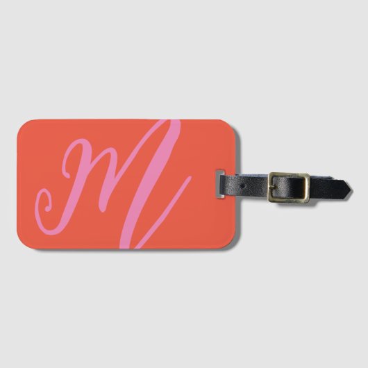 スクリプトのモノグラム名モダンピンクとオレンジ ラゲッジタグ (正面横)