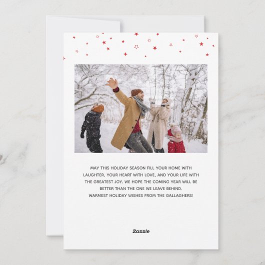 スクリプトの中の赤い白い星の名前クリスマスフォト シーズンカード (裏面)