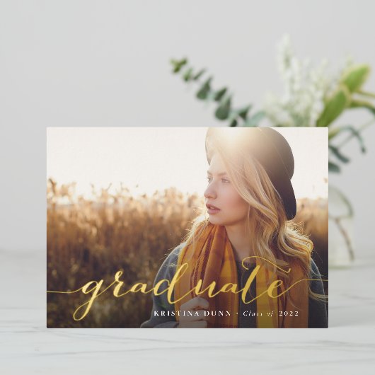 スクリプトの目盛り付き両面フォトパーティー 箔招待状 (立ち正面)