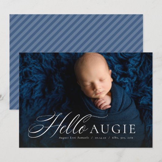 スクリプトのhello+ニックネームクラシックお誕生日お知らせ1枚の写真 案内状 (正面/裏面)