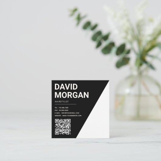 スクリプトはっきりしたQRコード白黒 スクエア名刺 (スタンド正面)