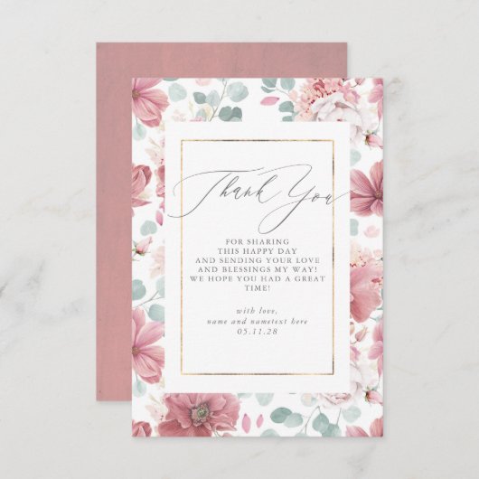 スクリプトほこりっぽいピンクのフローラ赤ちゃんシャワーありがとう サンキューカード (正面/裏面)