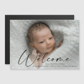 スクリプトようこそベビー写真の誕生のお知らせ マグネット招待状 (正面/裏面)